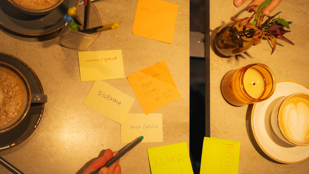 Postit-lapper som ligger utover et bord og viser hvordan Sneipfritt idémyldrer for å komme på konsepter til sneipboksene, også kalt Ballot bins.